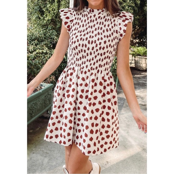 Brown Abstract Printed Flutter Sleeve Smocked Bodice Mini Dress - Picture 2 of 9